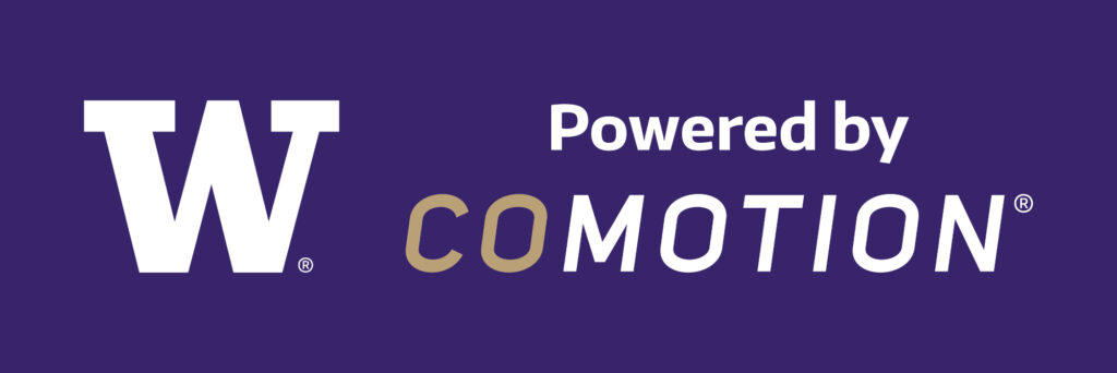 W (from University of Washington logo) Powered by CoMotion with a purple background